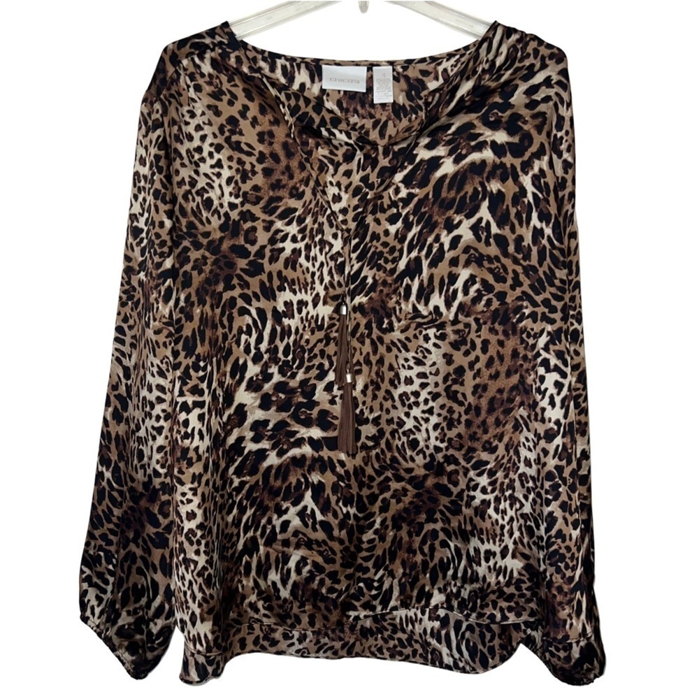 Chico’s Brown Leopard Print Flowy Tassel Tie Blouse Chico’s Size 3 (XL)